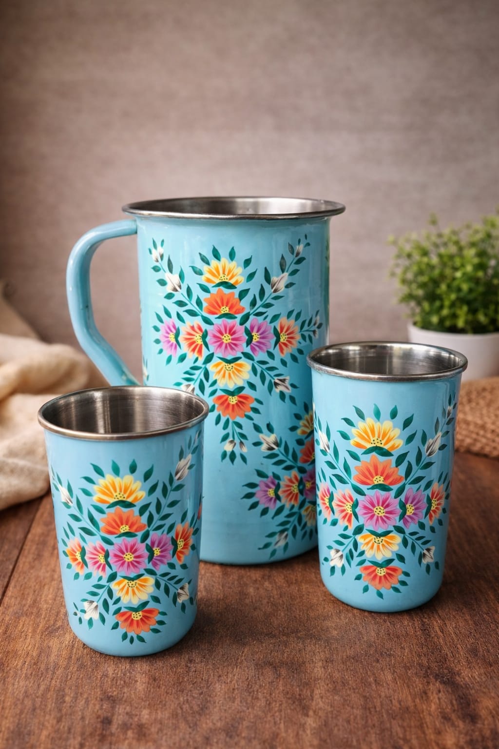 Enamel Ware utensils,enamelware jug,set enamelware glass with enamelware tumbler, kashmiri enamelware,enamelware tumbler,hand painted